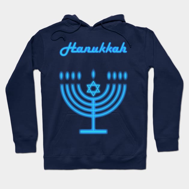 Neon Menorah Jewish Holiday Hanukkah Party Decoration with traditional Chanukah symbol hanukkiah menorah candlestick with candles, star of David Hoodie by sofiartmedia